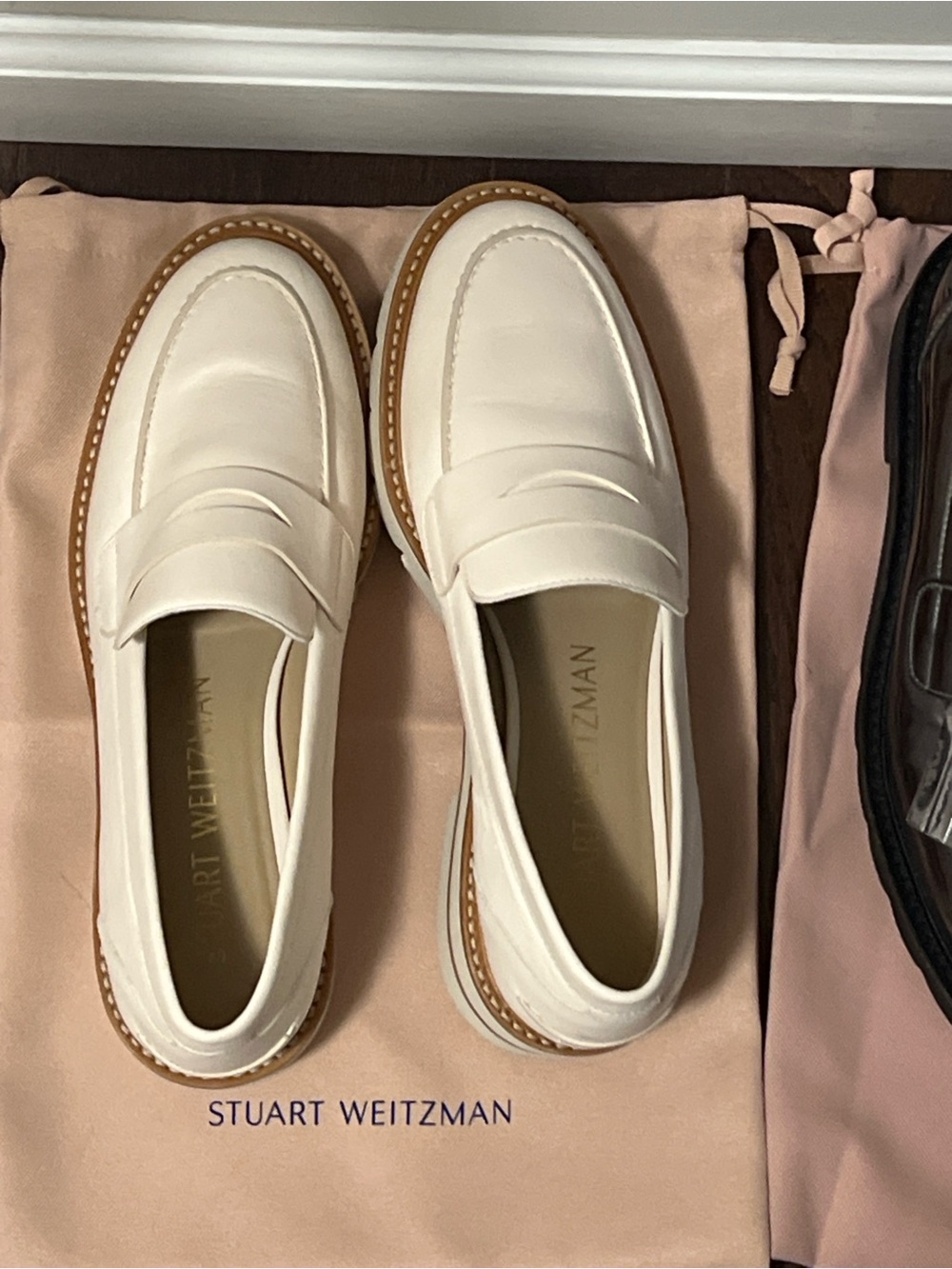 Stuart Weitzman White Leather Penny Loafers with Tan Soles